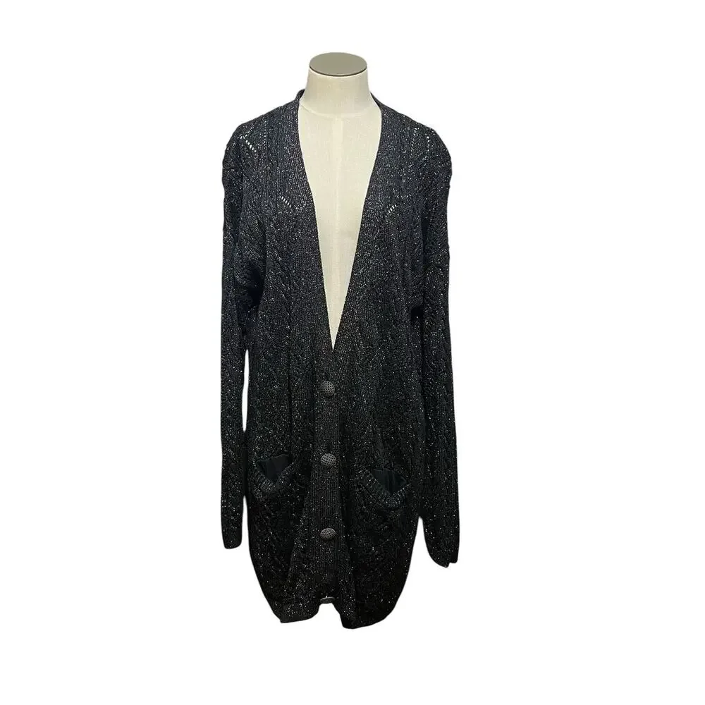 Whimsigoth Free People New Romantics Black Metallic Bang Bang Long Cardigan Sz M